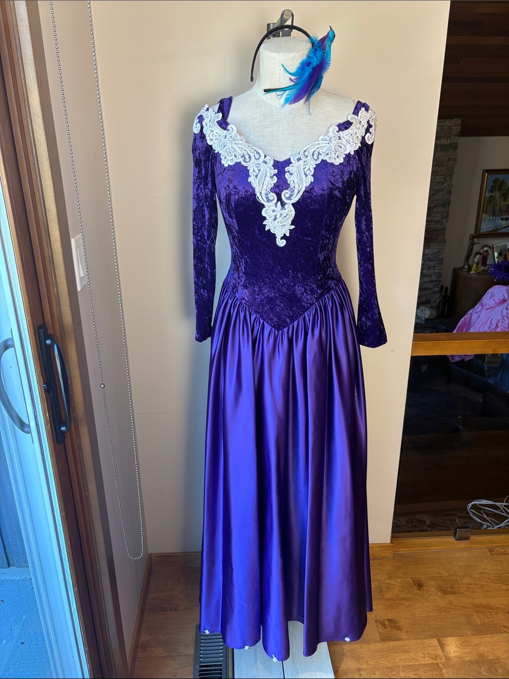 Gothic Purple Velvet and Satin Long Sleeve Dress with Lace Trim
